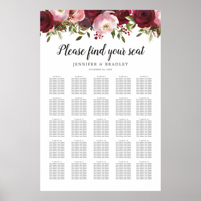 Rustic Burgundy Floral Wedding 25 Table Chart (Front)