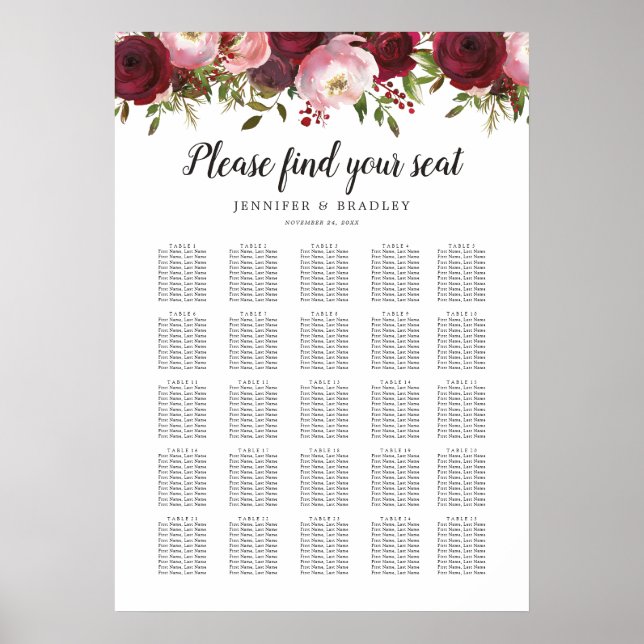 Rustic Burgundy Floral Wedding 25 Table Chart (Front)