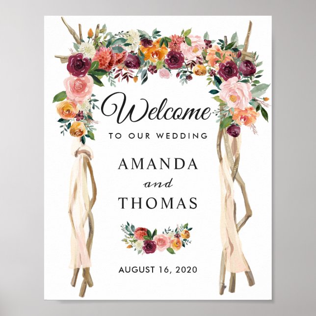 Rustic Burgundy Floral Wedding Arch Welcome Sign (Front)