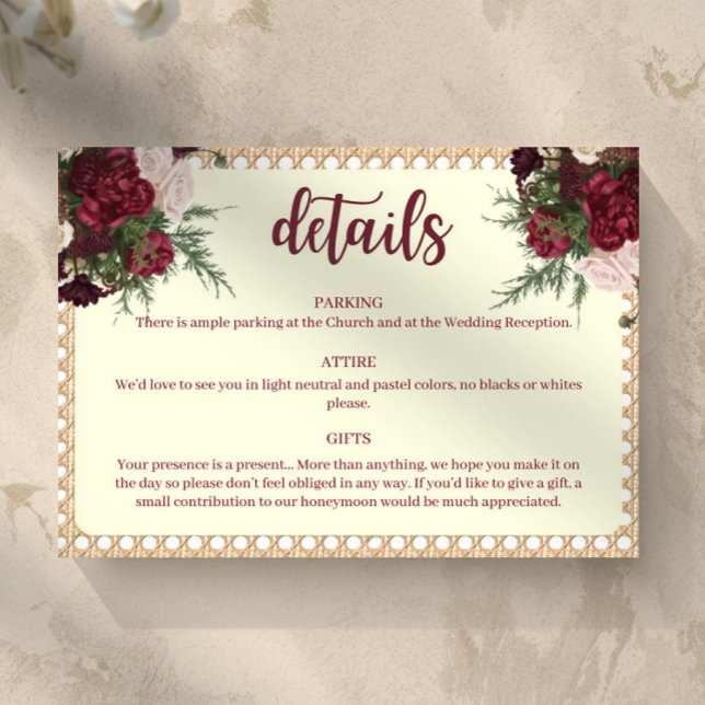 Rustic Burgundy Floral Wedding Details Card (Burgundy and Ivory Wedding Details Card Floral and Rattan Border)