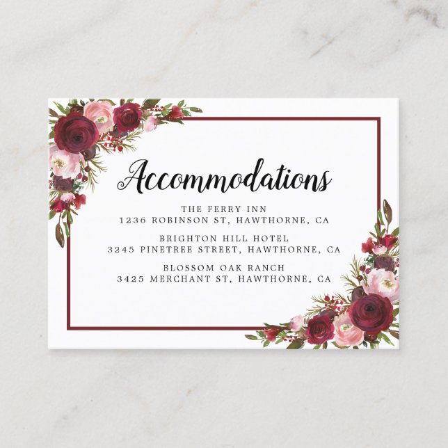 Rustic Burgundy Floral Wedding Hotel Accommodation Business Card (Front)