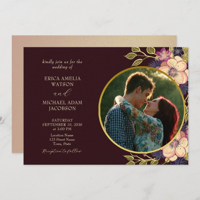 Rustic Burgundy Floral Wedding Invitation (Front/Back)