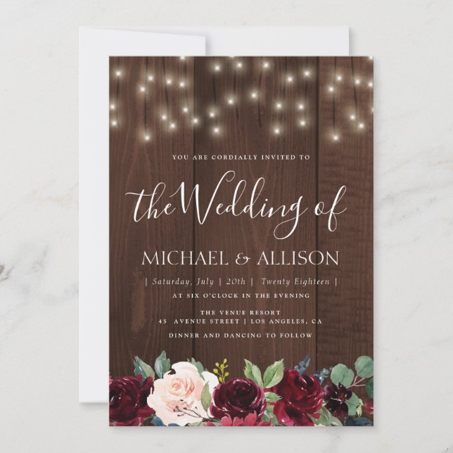 rustic burgundy floral wedding invitation (Front)