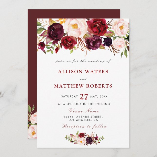 rustic burgundy floral wedding invitation (Front/Back)