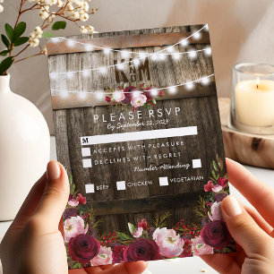Rustic Burgundy Floral Wedding Menu Option RSVP