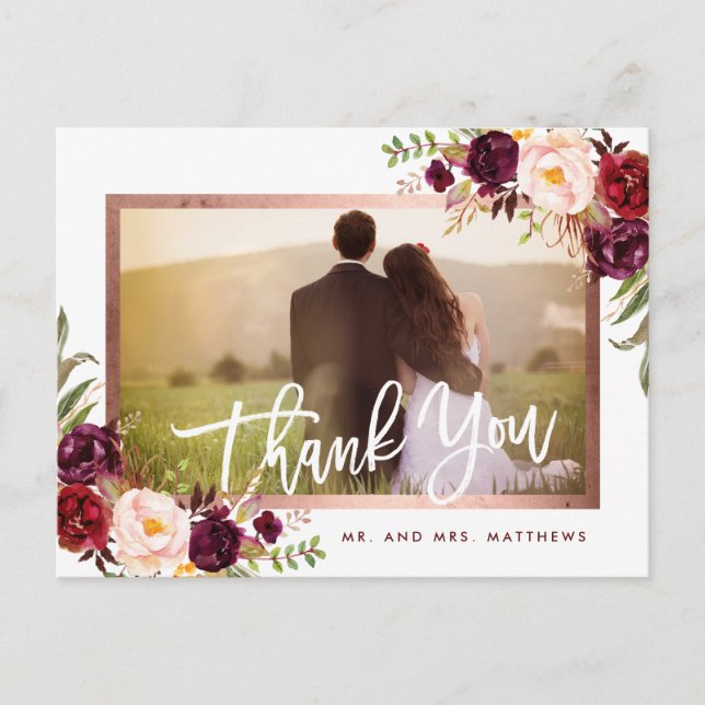 Rustic Burgundy Floral Wedding Photo Thank You Announcement Postcard (Front)