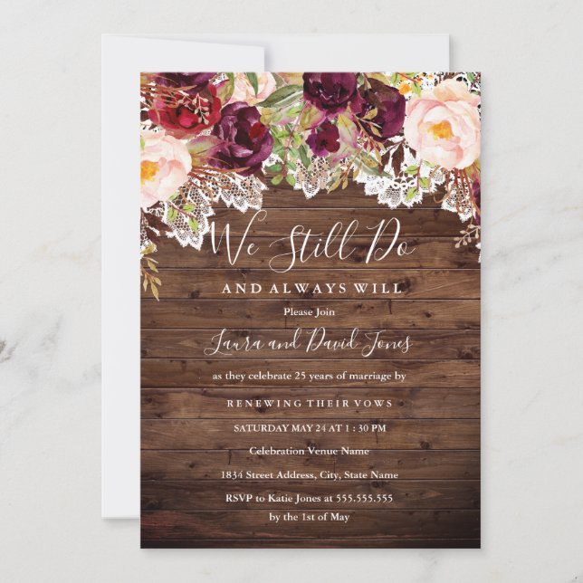 Rustic Burgundy Floral Wedding Vow Renewal Invitation (Front)