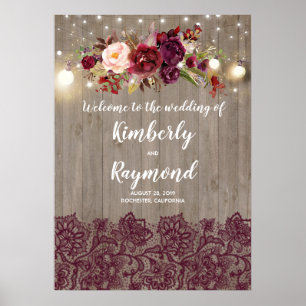Rustic Burgundy Floral Wedding Welcome Sign