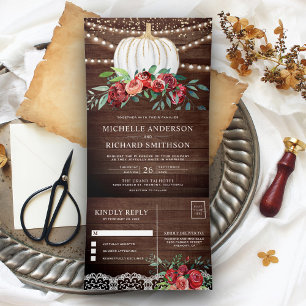 Rustic Burgundy Floral White Pumpkin Fall Wedding Tri-Fold Invitation