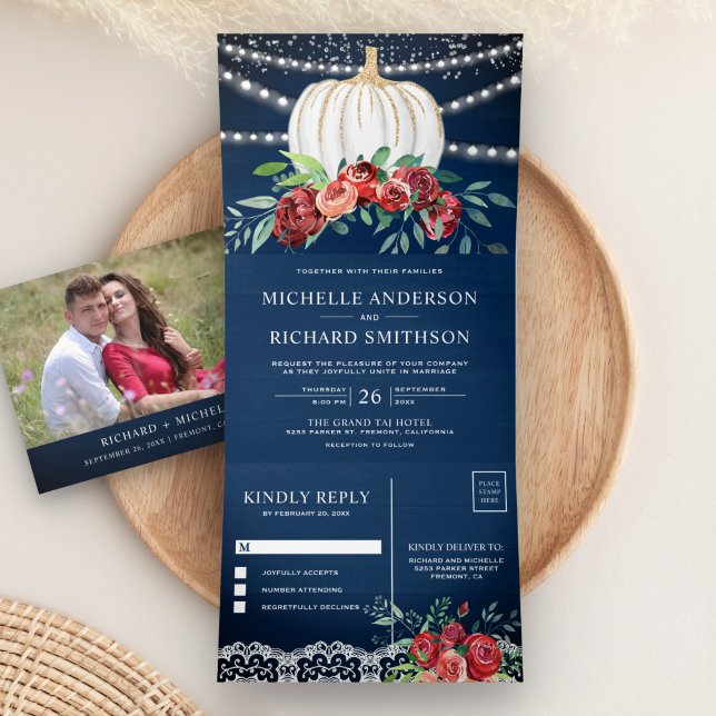 Rustic Burgundy Floral White Pumpkin Navy Wedding Tri-Fold Invitation (Creator Uploaded)