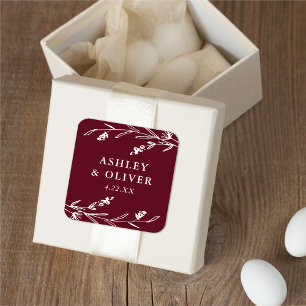 Rustic Burgundy Floral Wildflower Wedding Favour Square Sticker