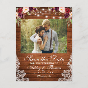 Rustic Burgundy Floral Wood Lights Lace Photo Announcement Postcard