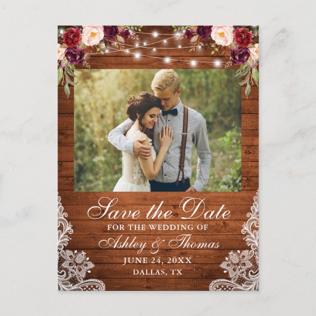Rustic Burgundy Floral Wood Lights Lace Photo Announcement Postcard (Front)