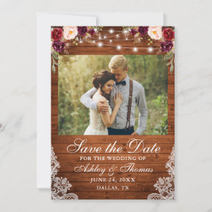 Rustic Burgundy Floral Wood Lights Lace Photo Save The Date