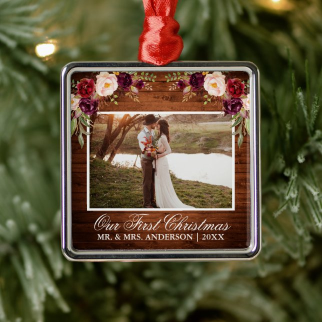 Rustic Burgundy Floral Wood Our First Christmas Metal Tree Decoration (Tree)