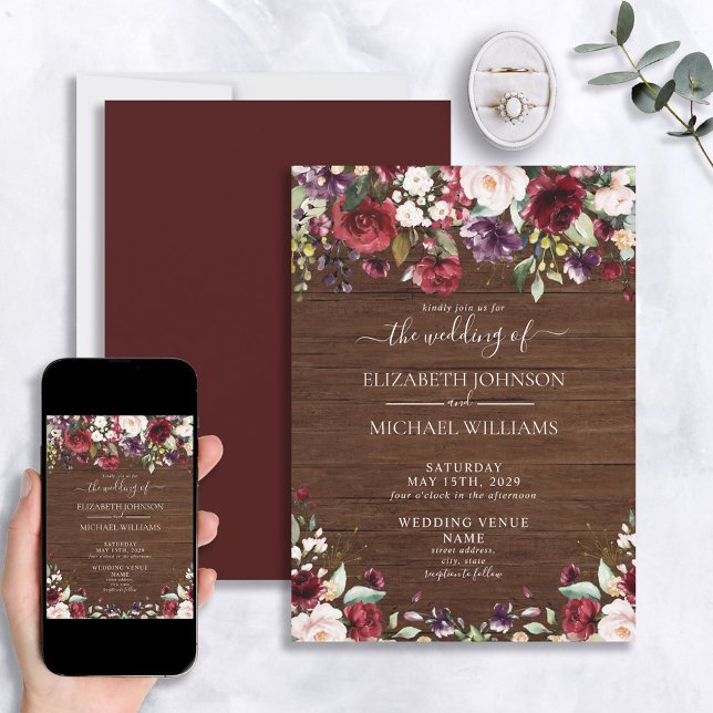 Rustic Burgundy Floral Wood Script Wedding Invitation (Creator Uploaded)