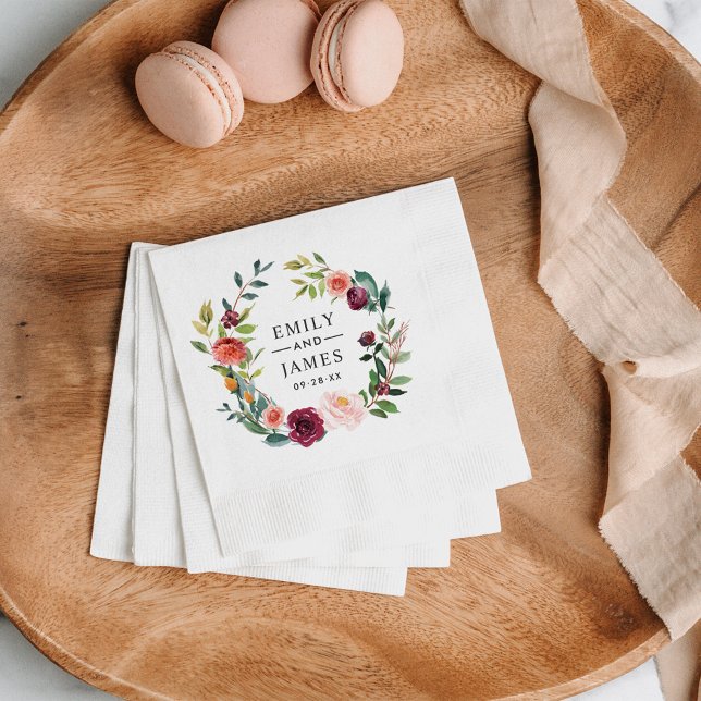 Rustic Burgundy Floral Wreath Monogram Wedding Napkin (Creator Uploaded)