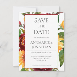 Rustic Burgundy Floral Yellow Sunflowers Save The Date