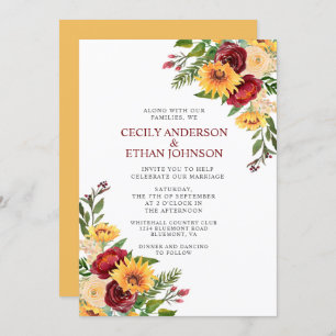 Rustic Burgundy Floral Yellow Sunflowers Wedding Invitation