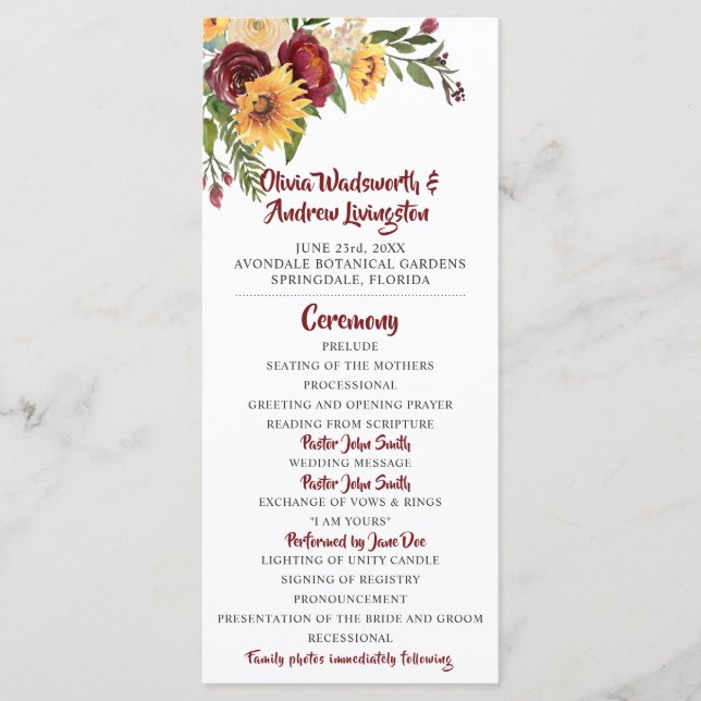 Rustic Burgundy Floral Yellow Sunflowers Wedding Programme (Front)