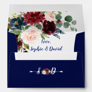 Rustic Burgundy Flowers Navy Blue Wedding Envelope