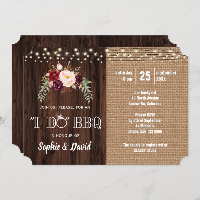 Rustic Burgundy Flowers String Lights I DO BBQ Invitation (Front/Back)