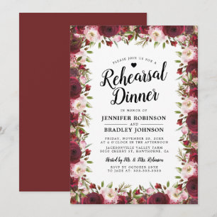 Rustic Burgundy Flowers Wedding Rehearsal Dinner Invitation