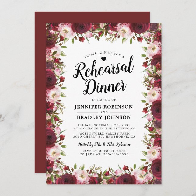 Rustic  Burgundy Flowers Wedding Rehearsal Dinner Invitation (Front/Back)