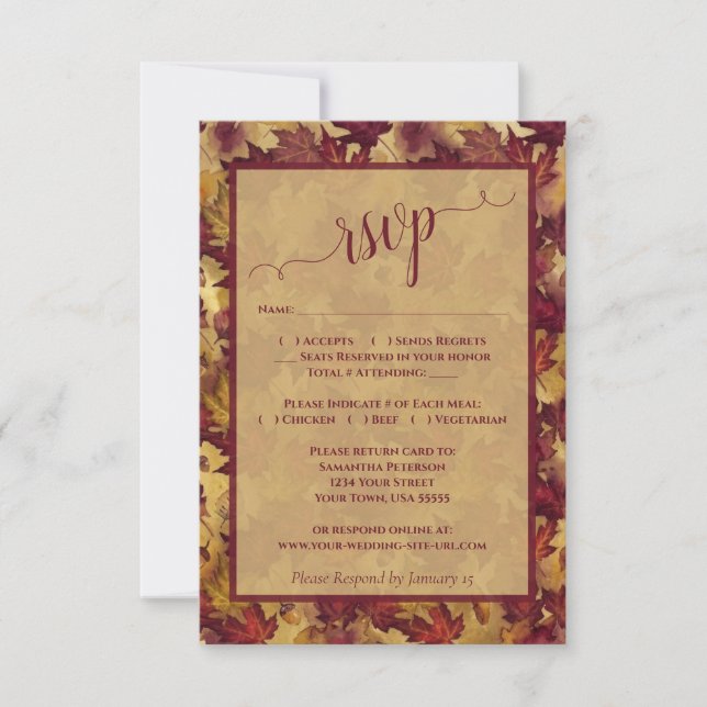 Rustic Burgundy & Gold Autumn Leaves Wedding RSVP Card (Front)