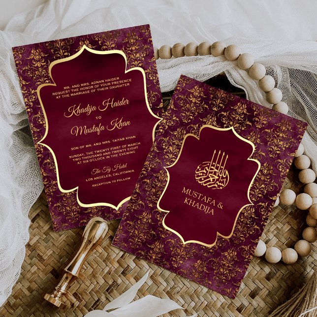 Rustic Burgundy Gold Damask Muslim Wedding Invitation (Creator Uploaded)