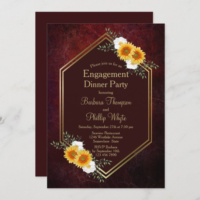 Rustic Burgundy Gold Floral Engagement Dinner Invitation (Front/Back)