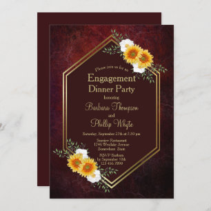 Rustic Burgundy Gold Floral Engagement Dinner Invitation