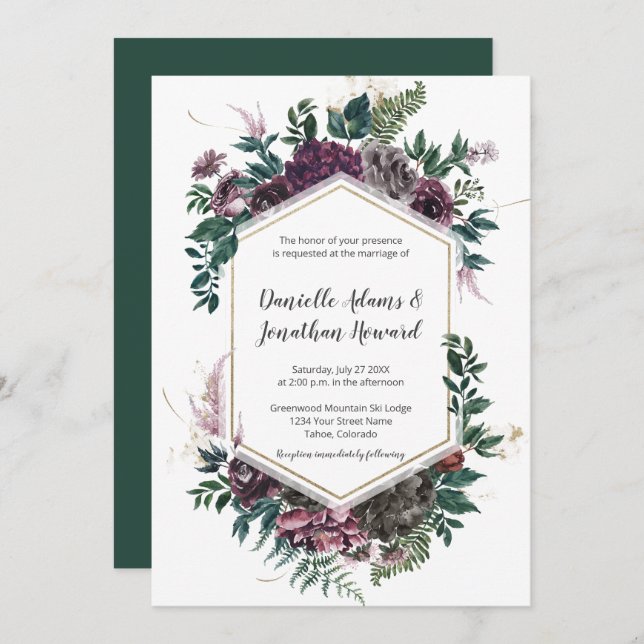 Rustic Burgundy Grey Geometric Floral Wedding Invitation (Front/Back)