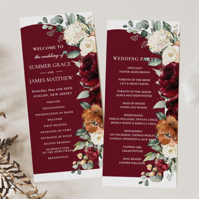 Rustic Burgundy Ivory Burnt Orange Floral Wedding Programme (Creator Uploaded)