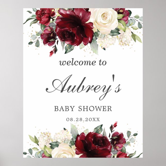 Rustic Burgundy Ivory Floral Baby Shower Welcome Poster (Front)