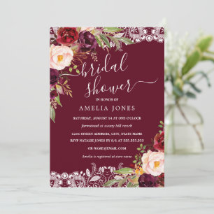Rustic Burgundy Ivory Floral Lace Bridal Shower Invitation