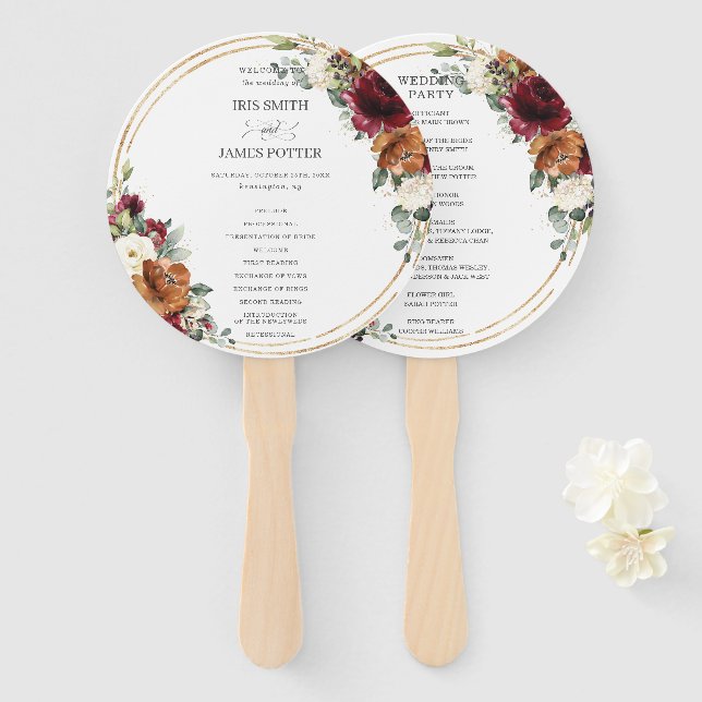 Rustic Burgundy Ivory Floral Rust Wedding Program Hand Fan (Front and Back)