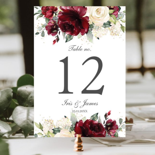 Rustic Burgundy Ivory Floral Wedding Bridal Shower Table Number (elegant rustic burgundy ivory white floral wedding bridal shower table number cards signs)
