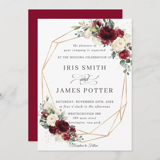 Rustic Burgundy Ivory Floral Wedding Geometric Invitation (Front/Back)