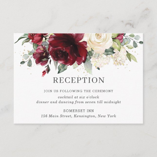 Rustic Burgundy Ivory Floral Wedding Reception Enclosure Card (Front)