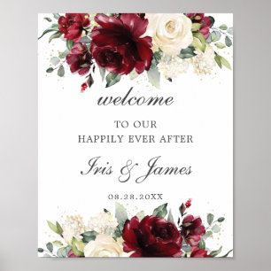 Rustic Burgundy Ivory Floral Wedding Welcome Sign