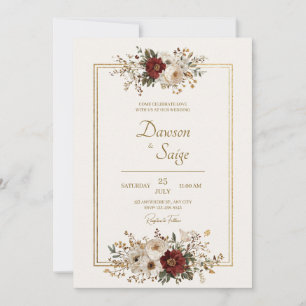 Rustic Burgundy Ivory Gold Floral Wedding Invitation