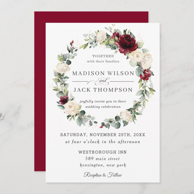 Rustic Burgundy Ivory White Floral Wreath Wedding Invitation (Front/Back)
