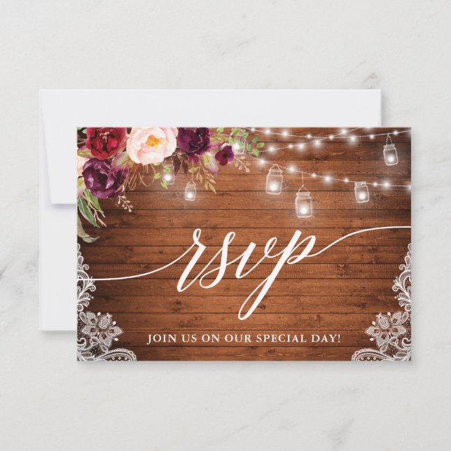 Rustic Burgundy Jar Lights Calligraphy Wedding RSVP Card (Front)