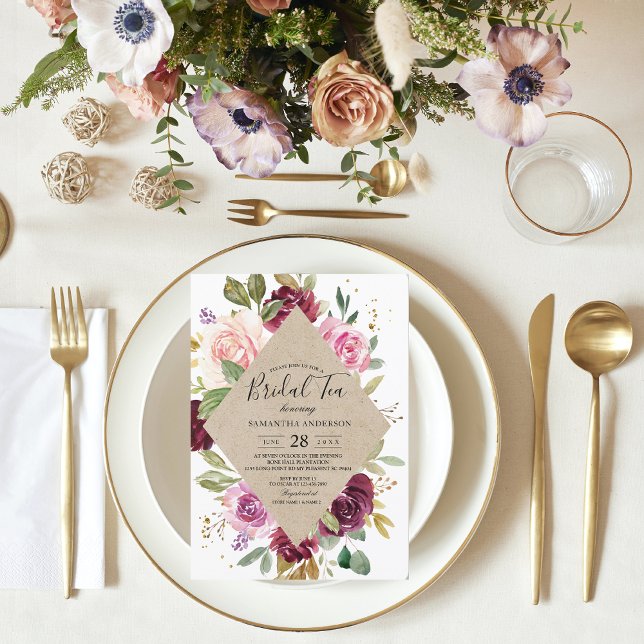 Rustic Burgundy Kraft Colourful Floral Frame Invitation (Creator Uploaded)