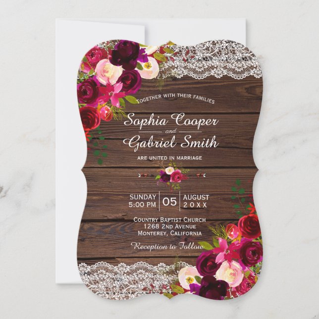 Rustic Burgundy Lace Floral | Barn Country Wedding Invitation (Front)