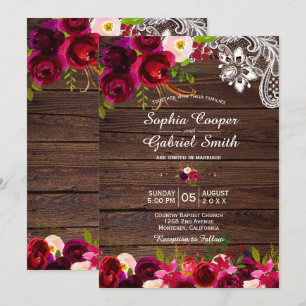 Rustic Burgundy Lace Floral Barn Wood Wedding Invitation