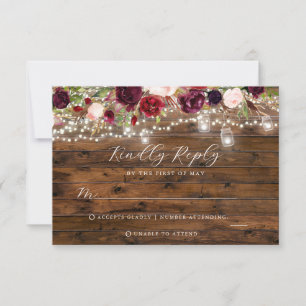 Rustic Burgundy Lights Wedding RSVP Card