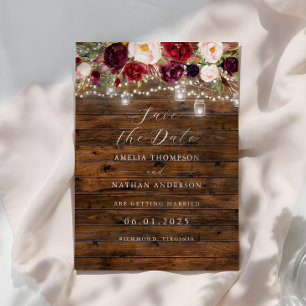 Rustic Burgundy Lights Wedding Save The Date Invitation