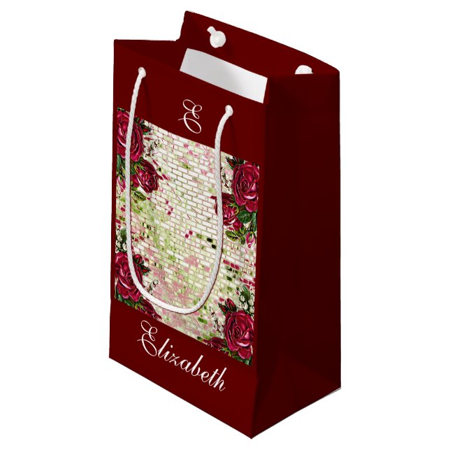 Rustic Burgundy Maroon Roses Bridesmaid Monogram Small Gift Bag (Front Angled)